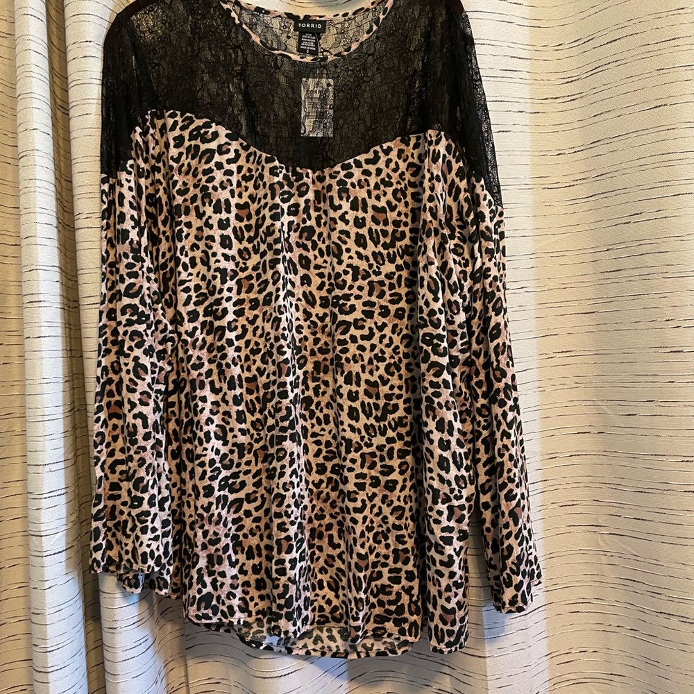Torrid Leopard Print Challis Lace Inset Top Tan 3X
